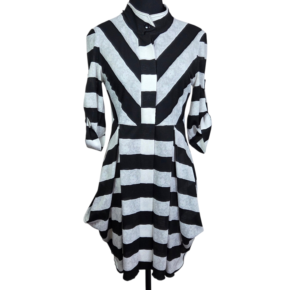 Joseph Ribkoff Black and White Chevron Dress With Roll Tab Sleeves  Size 6